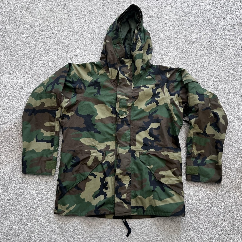 Vintage US Army ECWCS Parka Jacket Mens Medium Regular Woodland Camo Hooded USA